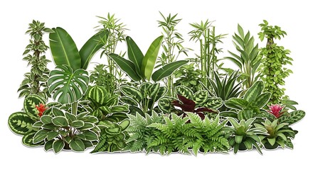 Lush tropical plant collection with vibrant green foliage and colorful flowers