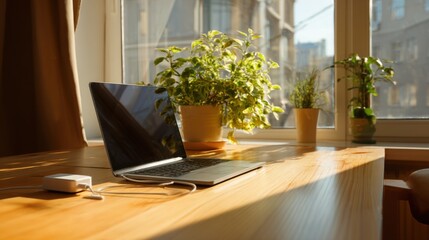 Cozy home office workspace with laptop and green plants by sunny window