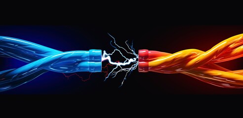 Vivid image of two colorful ethernet cables generating lightning between their connectors, symbolizing high-speed data exchange and modern network technology.
