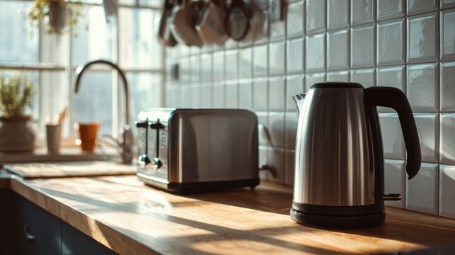Cozy morning kitchen scene with sunlit toaster and kettle on wooden counter