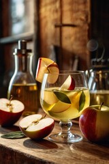 Cozy Autumn Sangria in Golden Light with Apple and Sage Garnish on Wooden Counter