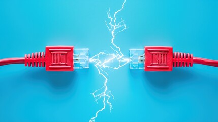 Two red USB cables facing each other with a glowing blue lightning spark between them, representing energy transfer, fast data connection, and digital technology power.