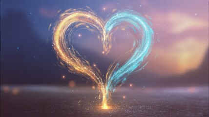 Abstract glowing heart silhouette with luminous trails and soft bokeh — vibrant love concept for decorative use.
