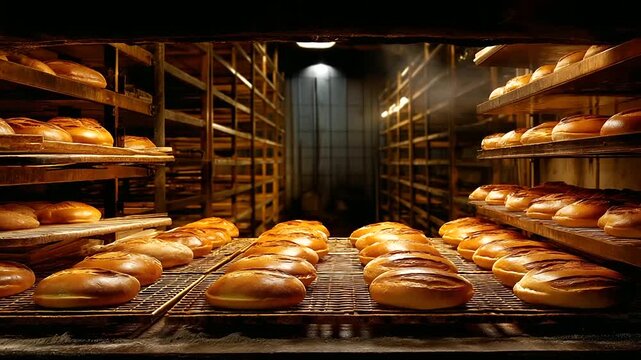 Warm bakery haze around golden loaves, rustic charm + editorial food lighting, blurred shelves creating cozy copy space.