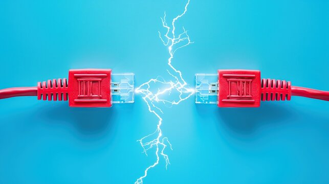 Two red USB cables facing each other with a glowing blue lightning spark between them, representing energy transfer, fast data connection, and digital technology power.