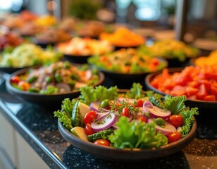 Fresh vegetable salad with lettuce tomatoes onions served on hotel buffet. Various colorful dishes in background offer healthy meal choices for diners.
