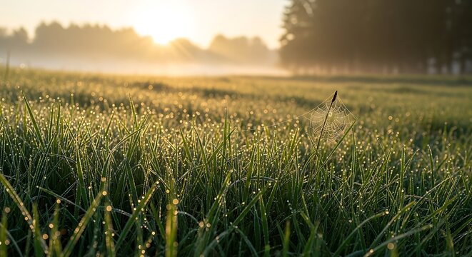 Golden sunrise over a dewy meadow with tall grass and forest edge