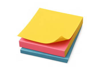 Stack of colorful sticky notes with curled paper, organizing reminders, tasks, and ideas on transparent background