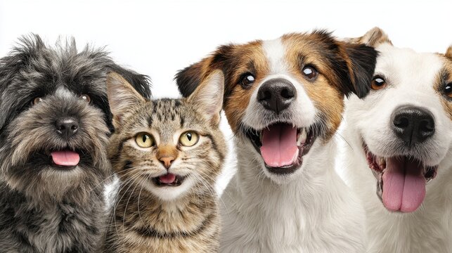 Four pets including three happy dogs and one cheerful cat pose closely together. Their expressions show excitement and delight creating a lively and fun atmosphere.