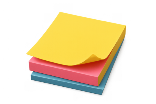 Stack of colorful sticky notes with curled paper, organizing reminders, tasks, and ideas on transparent background
