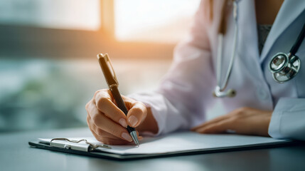 A medical professional wearing a stethoscope writing notes on a clipboard in a bright office environment with natural light illuminating the scene