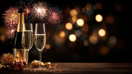 Celebration with champagne and fireworks at midnight party