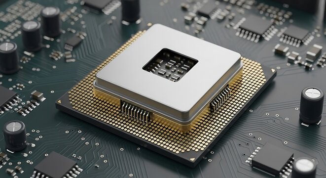 Close up of a computer processor chip socket on a circuit board