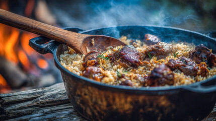 Rustic outdoor cooking with seasoned meat and rice simmering in a cast iron pot over an open fire with a wooden spoon stirring hearty meal