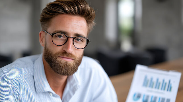 Confident young man with beard and glasses sitting at desk, business chart in foreground, modern office background
