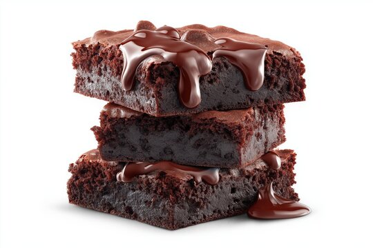 stack of three rich, fudgy chocolate brownies drizzled with glossy, melted chocolate sauce, photographed in a high-key studio setting on a clean white background.