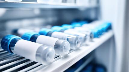 Test tubes with blue caps and white labels horizontally arranged on a shelf inside a scientific refrigerator, preserving biological samples for research and medical analysis