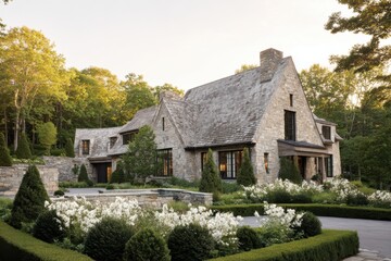 Elegant stone house in the woods surrounded by blooming flowers during sunset showcases beautiful architecture and serene landscaping