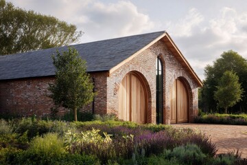 Beautiful rustic brick building surrounded by lush greenery and colorful flowers during late afternoon light in a serene garden setting