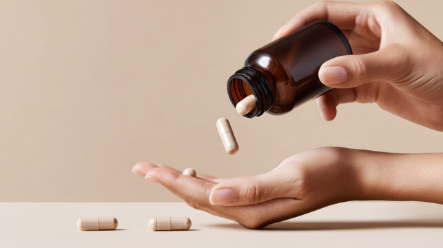 Woman's hands pouring ashwagandha  supplement capsules from amber glass bottle into her open palm, illustrating daily wellness and medication routine