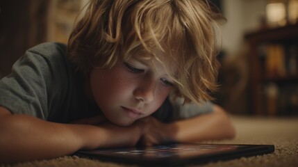 A young boy lies on the soft carpet, intently focused on his tablet as he scrolls through various options. The boy's thoughtful expression reflects his engagement with the tablet's