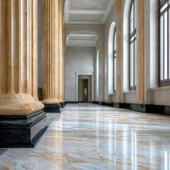 Fototapeta premium Marble floor grand column arched window public building elegant hallway natural light classic architecture interior
