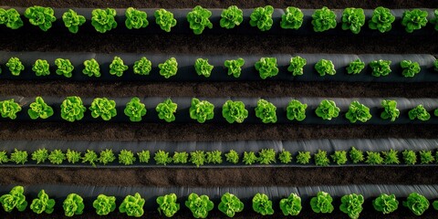 Modern regenerative farming system. Top-down view of cultivated lettuce rows with plastic mulch for eco-friendly agriculture and sustainable marketing content