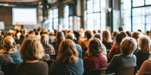 Modern town hall gathering. Large community audience attending civic engagement discussion for public participation and professional marketing content