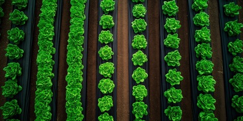 Modern regenerative agriculture. Top view of cultivated lettuce rows with plastic mulch for eco-friendly farming and professional marketing content
