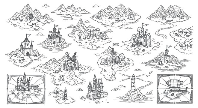 Hand drawn fantasy kingdom map elements with castles mountains and adventure paths