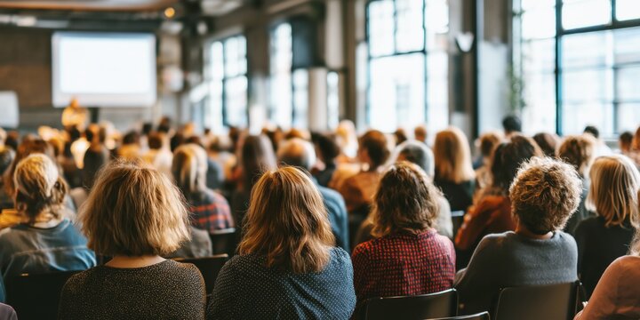 Modern town hall gathering. Large community audience attending civic engagement discussion for public participation and professional marketing content