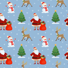 Festive seamless pattern with Santa Claus, playful snowman, reindeer and Christmas trees. Cheerful holiday design for wrapping paper, fabric, greeting cards, winter decor. New year vector background