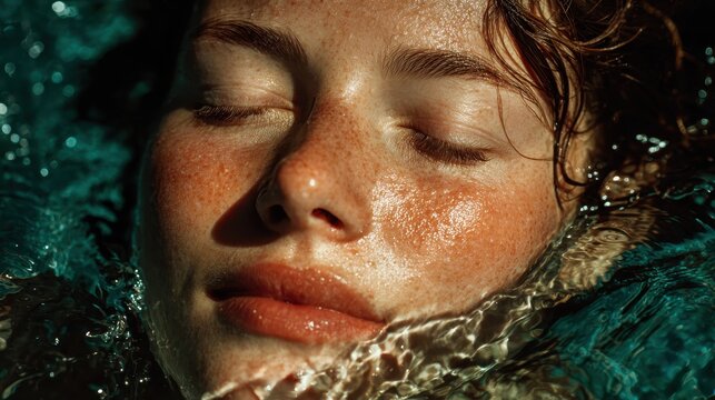 Woman's face underwater, eyes closed, floating in calm, teal water during daytime, showcasing relaxation and serenity in a stock market context