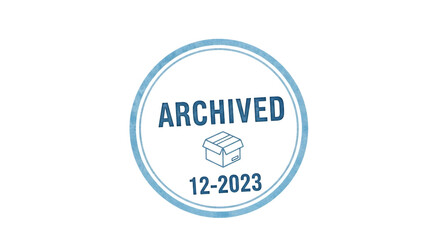 Circular stamp, with the word A R C H I V E D and a cardboard box icon with date 12-2023, cutout, PNG isolated on a white or transparent background, AI