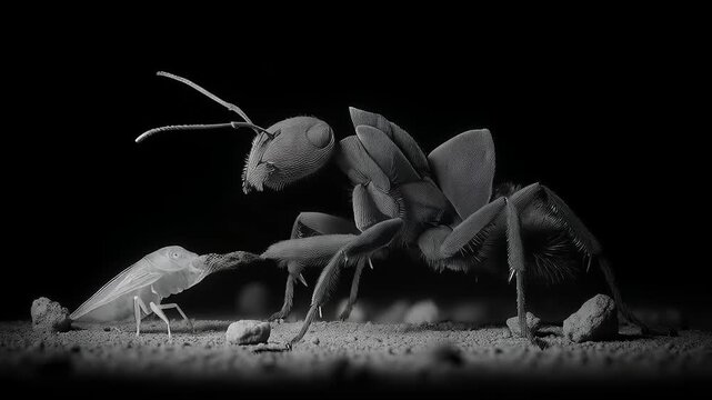 A Striking Macro View of Ant Interactions with Another Insect in Monochrome