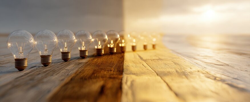 Line of light bulbs on wooden surface at sunset illustrating innovation and progress,National Energy Conservation