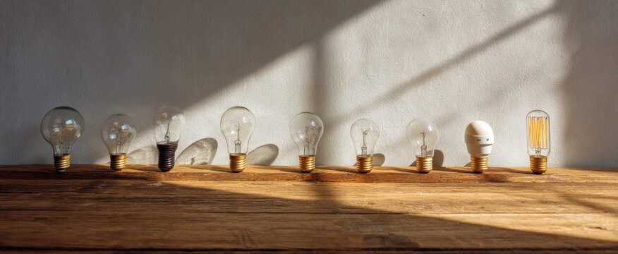 Evolution of light bulbs displayed on wooden surface under natural light,National Energy Conservation