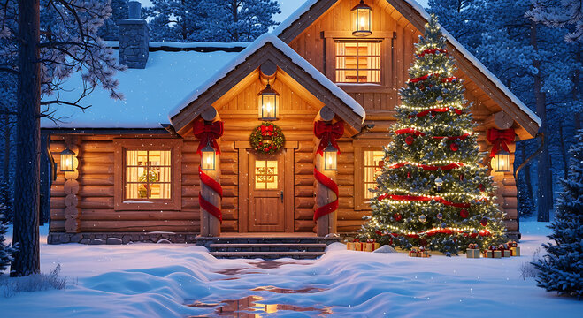 Cozy log cabin decorated for Christmas in a snowy forest winter