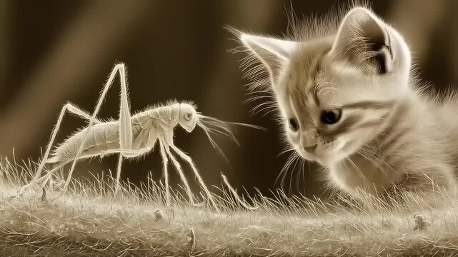 Feline Fascination: Kitten Observes Insect Creature in Curious Close Encounter