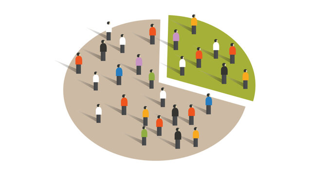 Diverse Crowd Standing on a Large Statistical Pie Chart Concept