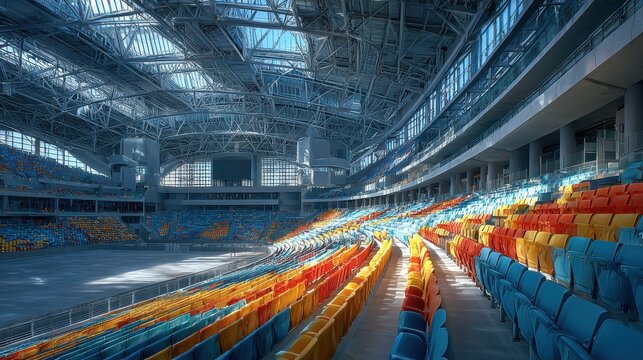 Low-angle view of vast sports stadium showcasing massive steel truss roof structure and rows of vibrant multi-colored plastic seating during the daytime