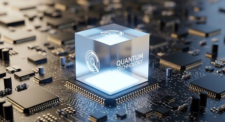 Futuristic transparent cube with glowing digital data hologram on a complex circuit board