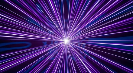 Bright purple laser light beams radiating from a central point in a dark space