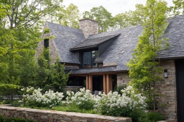 A contemporary stone house surrounded by vibrant flower beds and lush greenery creates a serene atmosphere in a tranquil suburban neighborhood on a sunny late spring day
