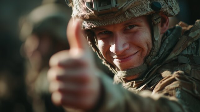 A soldier confidently gives a thumbs-up gesture in a military environment, conveying a sense of readiness and morale. This soldier's gesture symbolizes teamwork and encouragement a
