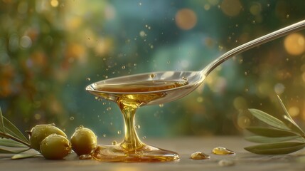 A gleaming spoon pours golden olive oil that drips beside fresh green olives on a rustic wooden table. The olive oil glistens, showcasing its inviting texture in a soft background.