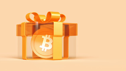 Bitcoin BTC cryptocurrency in a transparent gift box with a bow. High quality 3D rendering suitable for crypto asset reward or gift concepts.