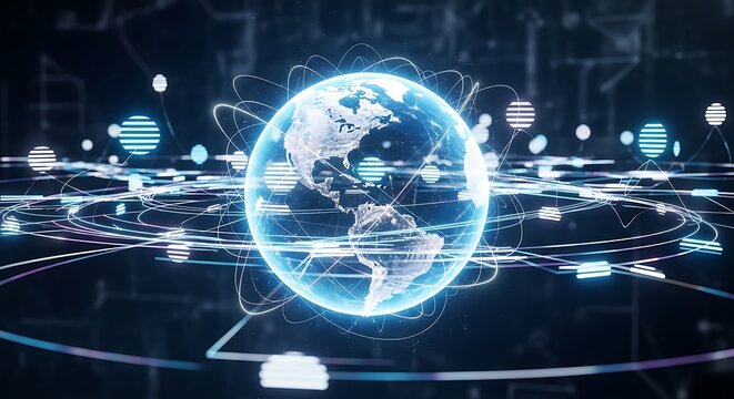 Digital globe with futuristic network connections and glowing data streams