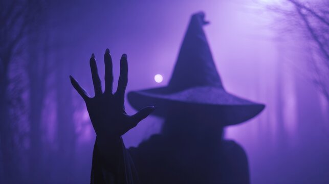 A mysterious figure wearing a large witch hat stands in a fog filled forest. The scene is illuminated by purple light creating an eerie atmosphere. The figure's hand is raised.