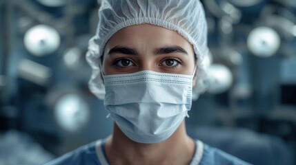 A determined surgeon, mask protecting, faces the operating room lights with focused eyes.